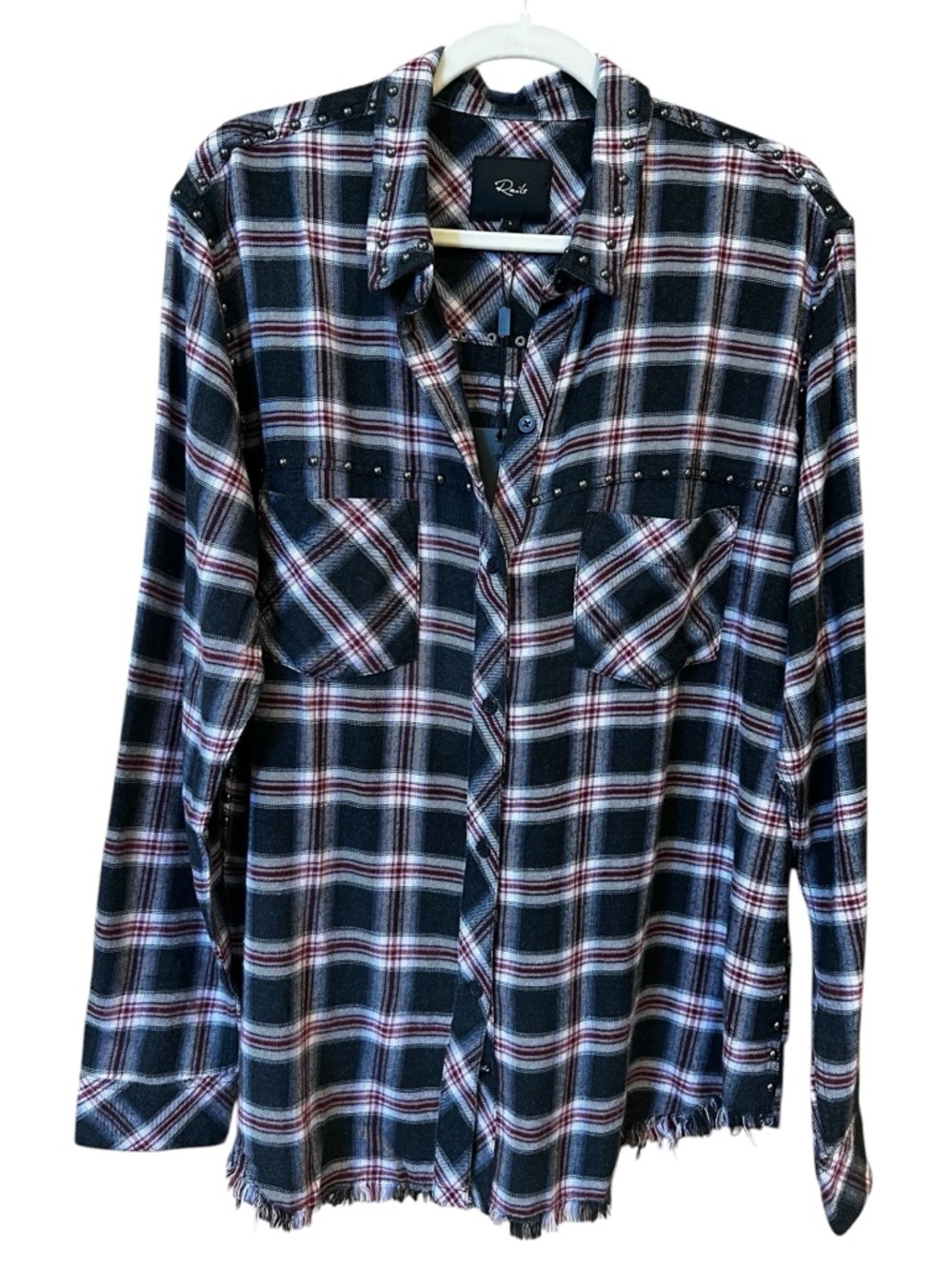 Rails Women’s Studded Rex Plaid Button Front Shirt Charcoal Berry Size Large